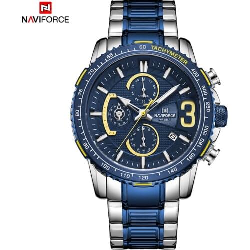 NAVIFORCE Men Watch Date Sport Man Wristwatch Top Brand Luxury Blue Military Chronograph Stainless Steel Quartz Male Clock 8017