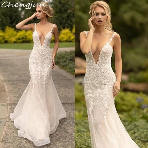 Chengjun Deep V Neck Detachable Train Mermaid Sexy Wedding Dresses For Slim Bride