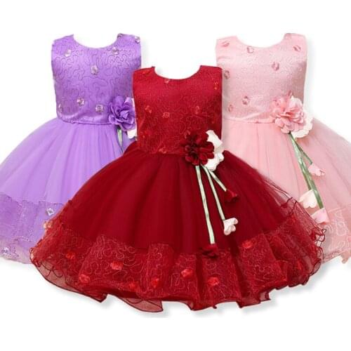 Baby Evening Dresses 2021 Sleeveless Embroidered Flowers Lace 1 Year Birthday Banquet Flower Girl Dress For Girls Princess Dress