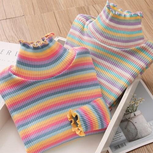 2021 Spring Autumn 2-10 12 Years ChildrenS Sweet Long Sleeve Colorful Striped High Neck Basic Turtleneck T-Shirt For Kids Girls
