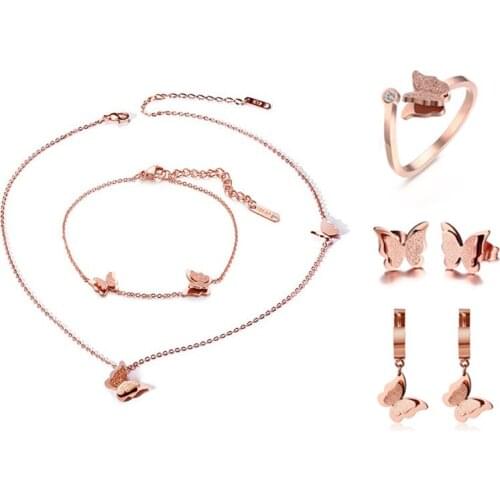 GorGor New Arrivals Titanium Steel Sandblasted Rose Gold Butterfly Girls Bracelet Necklace Ring Earrings Jewelry Gift BR-566R