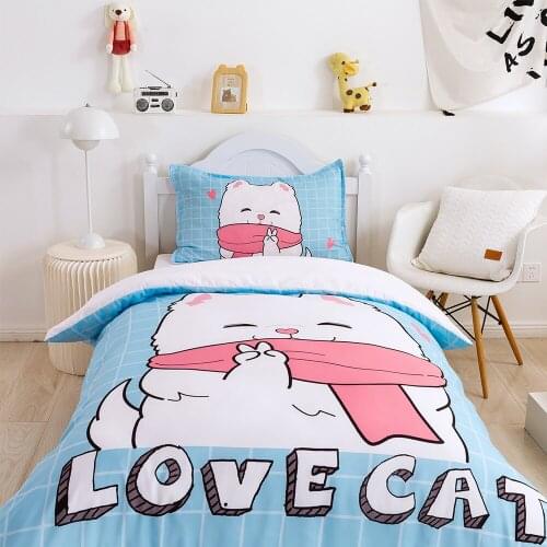 Cartoon Cute Cat Picture of Bedding Set Printing Pillowcase Quilt Cover Single Size Home Textile Decoration Childrens Room