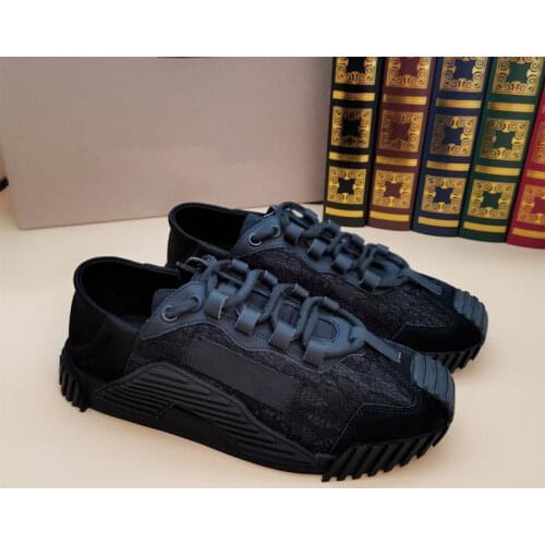 RunWay Casual Designer Women Trainer Black Lace Genuine Leather Patchwork Lace Up Thick Sole Casual Shoes Bumper Sneakers