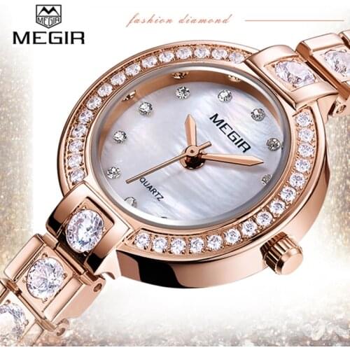MEGIR Womens Watch Top Brand Luxury Rhinestone Womens Watch Simple Shell Dial Business Female Quartz Watch Reloj Mujer 2020