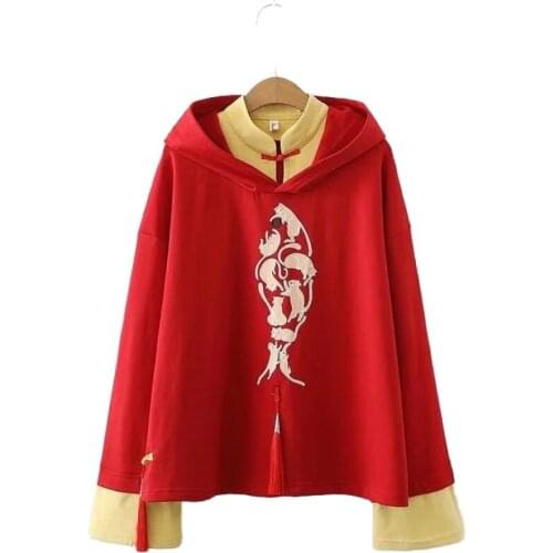 Mori Girl Style Cartoon Hedging Antique Harajuku Hoodies Tassel Red Cotton Womens Sweatshirt 2020 Autumn Long Sleeve Pullovers