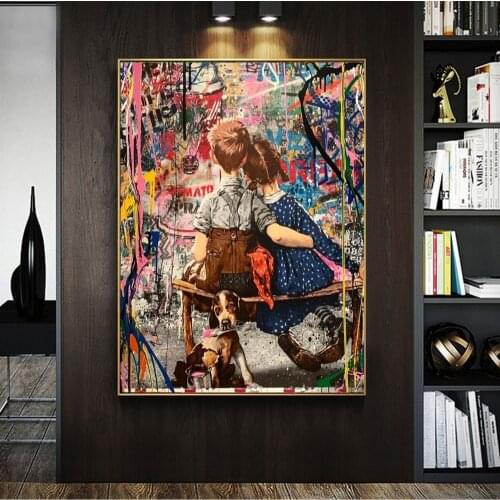 Boy and Girl Love Graffiti Art Paintings on the Wall Art Canvas Posters and Prints Street Art Picture For Living Room Wall Decor