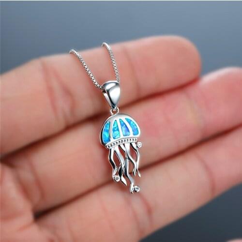 Vintage Fashion Jellyfish Pendant Necklace Cute Female Blue Opal Wedding Necklace Dainty Silver Color Chain Necklaces For Women