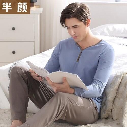 Mens Pajamas Spring Autumn Long Sleeve Sleepwear Cotton Solid Cardigan Pajamas Men Lounge Pajama Sets Size L to 3XL Sleepwear