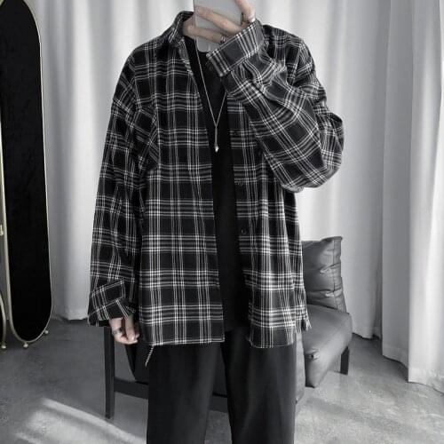Casual Long Sleeve Plaid Shirt Fashion Korean Style Men Clothing Hip Hop Kpop Clothes 202 Ulzzang Hawaiian Shirt Male Black Tops