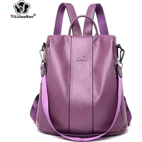 Casual Anti Thief Backpack for Women Shoulder Bag Famous Brand Soft Leather Backpack Female Simple School Bags for Teenage Girls