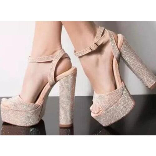 Drop Shipping Pink Diamond Cute Chunky Heels Peep Toe Buckle Sandals Girls Bling Bling Crystal Platform Sandals Wedding Shoes