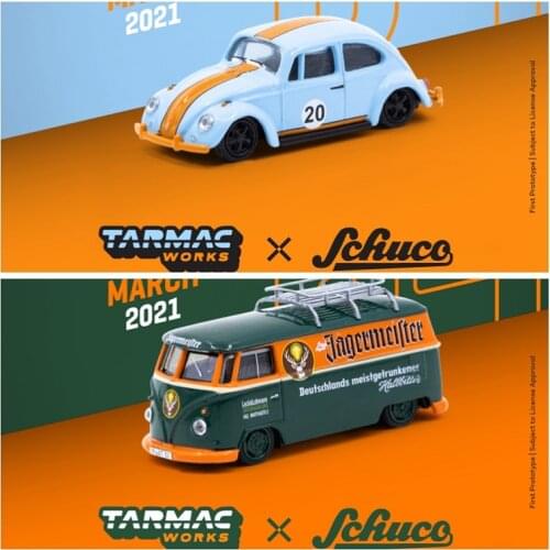 Tarmac Works X Schuco 1:64 VW-Beetle Gulf #20 / T1 Panel Van Jagermeister Low Ride Height with Roof Rack
