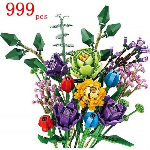 Technical Ideas Flowers Bouquet Building Blocks Moc Romantic Rose Flower Bricks Home Decoration DIY Toys for Girl Birthday Gift