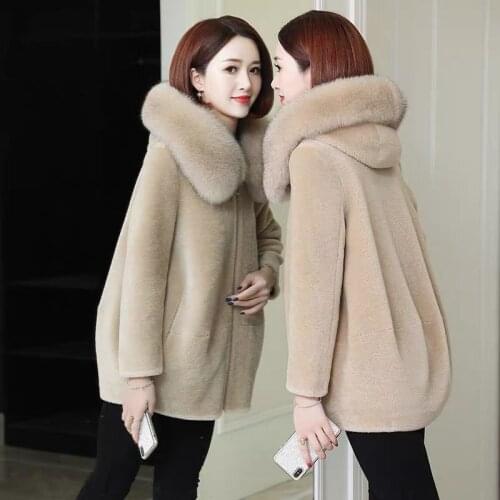 2021 Women Winter Real Sheep Shearing Warm Coats Lady Genuine Fox Fur Collar Hooded Outwear Female Vintage Plus Size Jacket K322