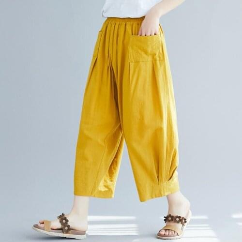 2020 Summer Women Trousers Solid Loose Harem Pants With Pockets Elastic Waist Harem Pants Baggy Cotton Linen Pantalon Plus Size