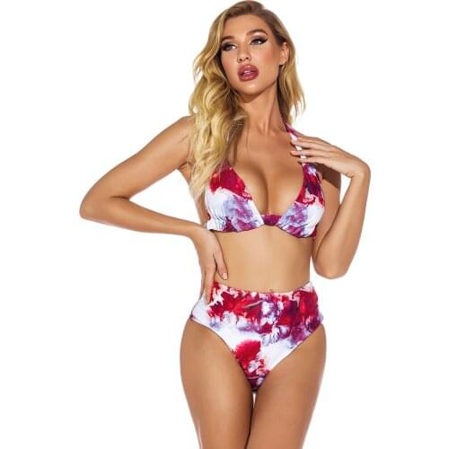 Halter Strap Tie-dye High Waist Split Swimsuit Feminine Bikini