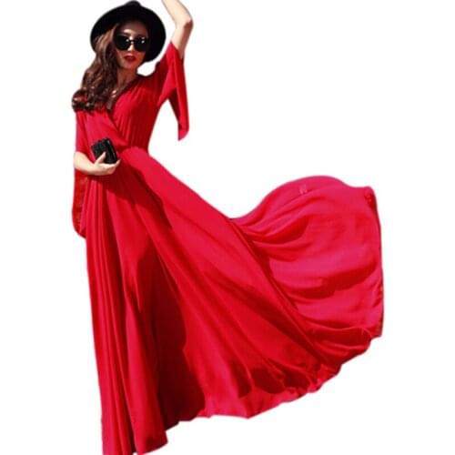 2019 Summer Bohemian Beach Dress Women red Sexy Chiffon Half sleeve Long Dress Women