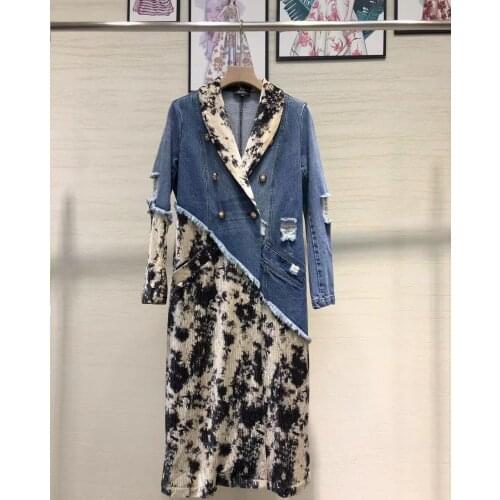 Top Quality Womens Long Coat Trench 2021 Autumn Winter Outerwear Ladies Vintage Ink Painting Prints Denim Patchwork Overcoats