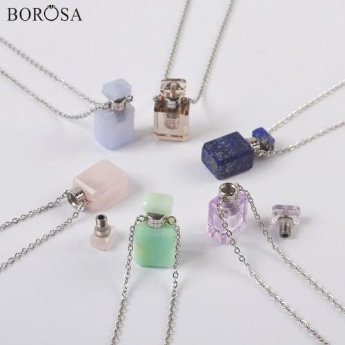 Rectangle Gems Stones Perfume Bottle Necklace Silver Plated Agates Amethysts Essential Oil Diffuser Necklaces for Women WX1754