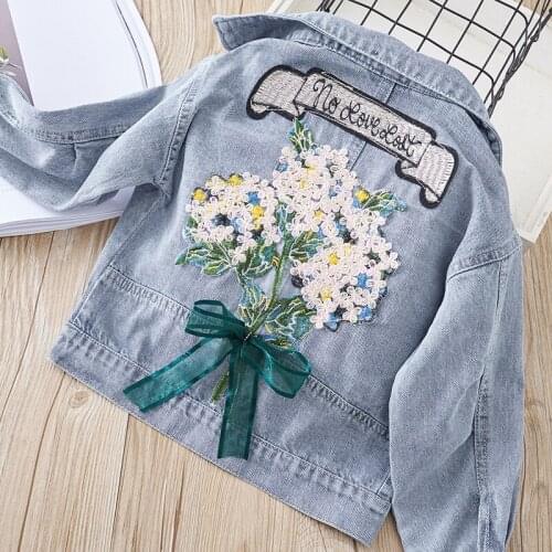 2019 New Denim Jacket for Girl Light Blue Floral Short Jeans Jacket Casual Denim Outwear Long Sleeve Toddler Girl Jeans Coat