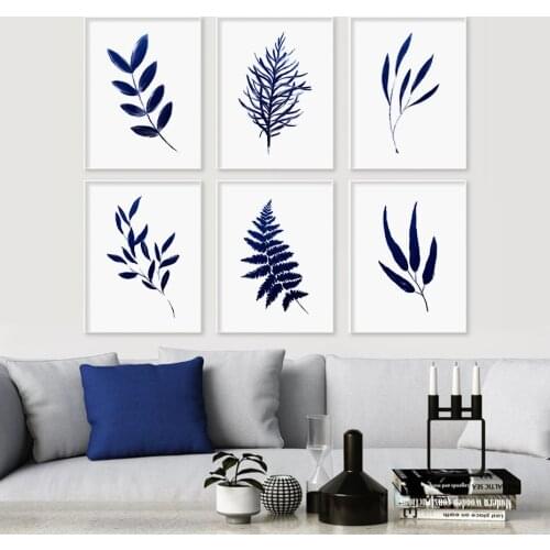 Abstract Minimalist Fern Leaves Navy Blue Modern Poster Canvas Painting Wall Art Print Picture Living Room Interior Home Decor