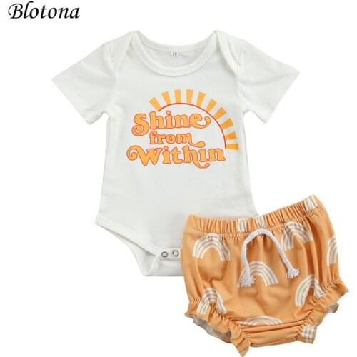 Blotona 2Pieces Kids Suit Set, Summer Letter Print O-Neck Short Sleeve Romper+ Rainbow Print Shorts, 0-18 Months