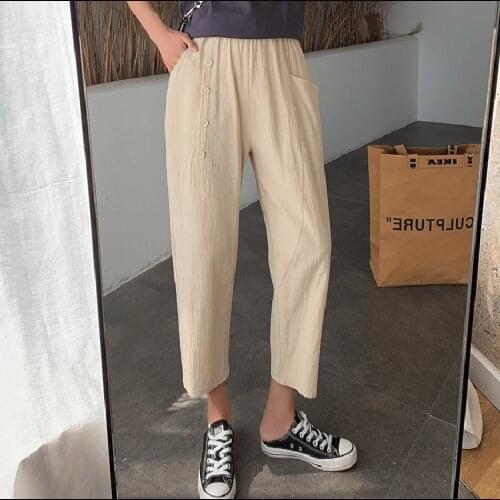 Women Pants Casual Harajuku Long Ankle Length Trousers 2021 Summer New Elastic Waist Cotton Linen Pocket Black Pants Streetwear