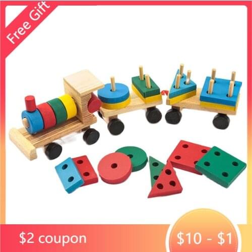 Childrens Building Blocks Small Train Toy Hauling Three Sections Of Small Train Wooden Shape Pairing Educational Assembly Toy