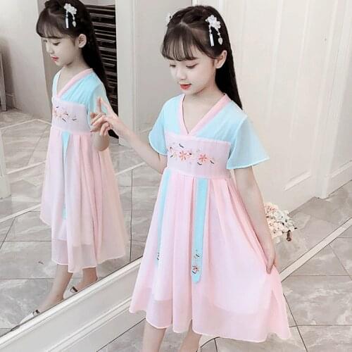 Kids 2-14 years 2021 new Princess Patchwork dresses for little girls Chinese Style summer spring short sleeve children clothes