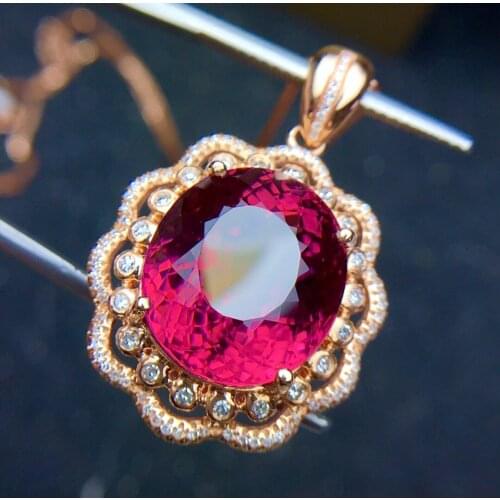 E401 Tourmaline Pendant Fine Jewelry Real 18 K Gold 100% Natural Rubi Tourmaline 13.8ct Gemstones Diamond Pendant Necklace