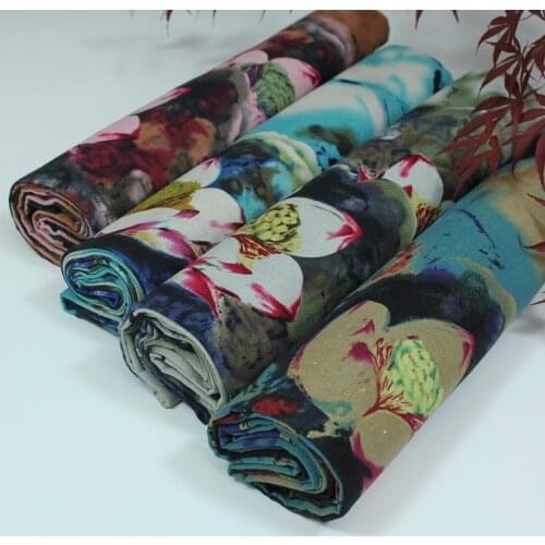 Cotton and linen ethenic style blue green brown Lotus flowers for DIY handwork tablecloth curtain apprarel dress fabrics textile