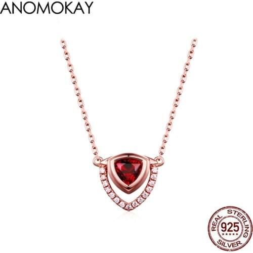 Anomokay Classic Rose Red Heart Garnet Rose Gold Color Necklace for Women Gift Real Sterling 925 Silver Sweater Link Necklace