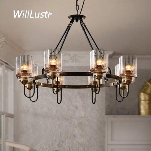 Creative Dual-Use Pendant Lamp Industrial Iron Ring Hotel Restaurant Store Hall Living Room Bedroom Retro Glass Suspension Light