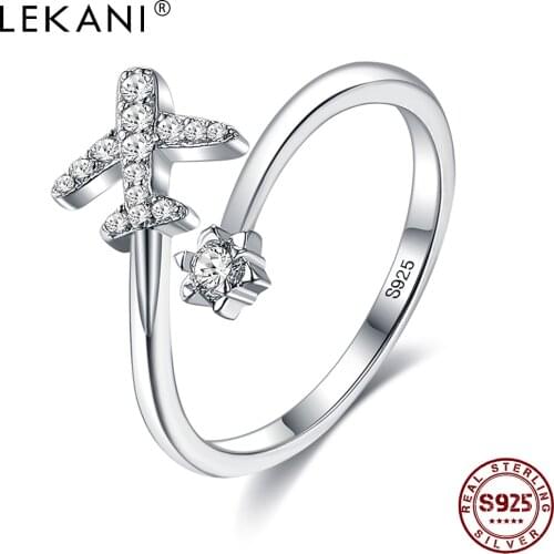 LEKANI S925 Sterling Silver For Women Flying Plane Open Finger Rings Clear CZ Cubic Zirconia Adjustable Rings Fine Jewelry