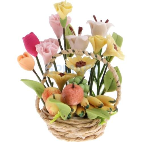 1/12 Scale Rose Lily Fruit Flower Bunch Dollhouse Miniature Handcrafted Basket for 12th Dolls House Decoration Accessories