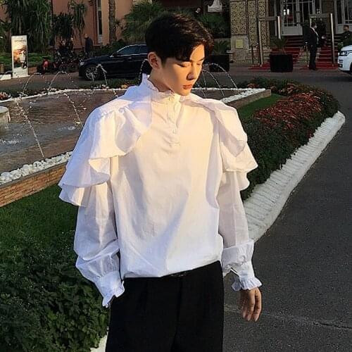 2021 spring and autumn new hip-hop casual palace style ruffled shirt loose mens catwalk stage outfit nightclub Dress Shirts