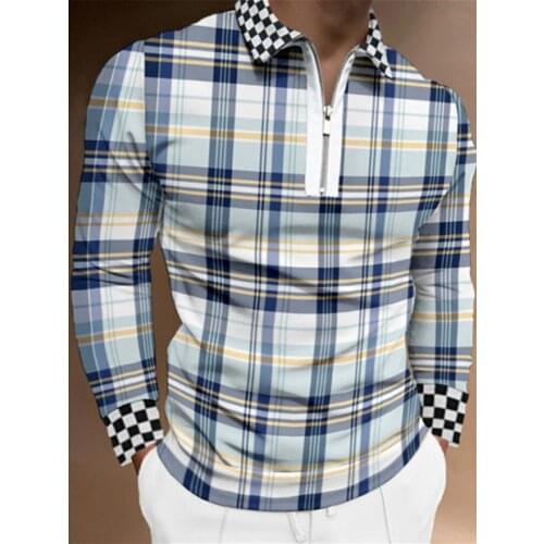2021 Mens spring/autumn Plaid mens street wear fashion slim stitching long-sleeve Polo shirt casual lapel zipper design top S