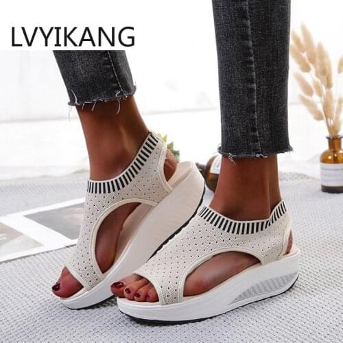Women Sandals Wedges Slip on Knitting Ladies Peep Toe Casaul Summer Shoes Female Pltaform Fashion Comfort Sandalias
