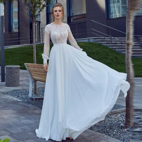 Booma Long Sleeve Chiffon Wedding Dresses Lace Appliqued Beach Bridal Gowns O-neck Illusion Back Boho Princess Party Dresses