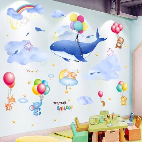 [SHIJUEHEZI] Animals Balloons Wall Stickers DIY Whale Clouds Mural Decals for Kids Rooms Baby Bedroom Home Decoration