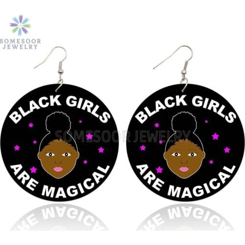 SOMESOOR Black Girls Are Magical African Wooden Drop Earrings Both Sides Print Afro Natural Hair Design Jewelry For Women Gifts