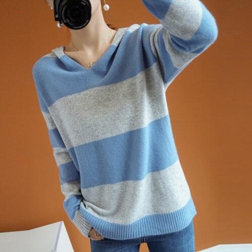 Hooded sweater women 2020 autumn and winter wool sweater women loose gentle style striped Cashmere sweater pullover Sweater