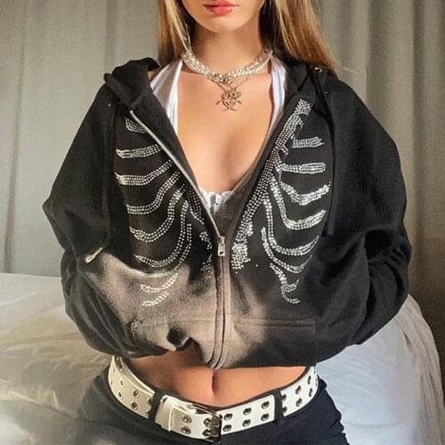 Streetwear Y2K Rhinestone Hoodie Skeleton Grunge Goth Black Hippie Zip Up Oversized Hoodies Sweatshirt Autumn Winter Dark