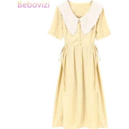 High Quality Za 2020 Red Yellow Solid Fashion Korean Woman Sweet Youth Style Short Sleeve Baby Collar Summer Girls Midi Dress