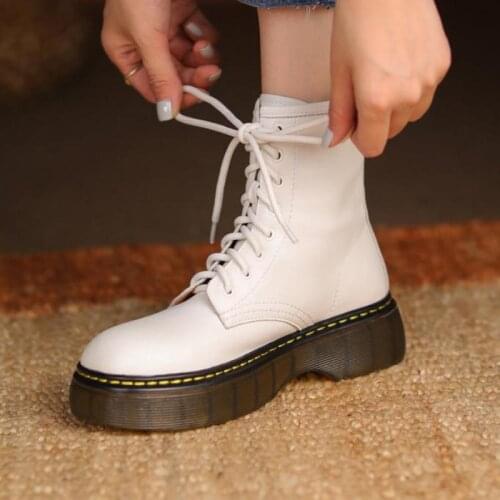 British Style Retro Shoes Genuine Leather Lace-up Round Toe Women Boots 2021 New Winter Concise Handmade Platform Boots Mujer