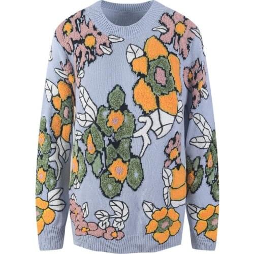 2021 Womens Early Autumn New High Street Flower Long-Sleeved Sweater Loose Jacquard Retro Knitted Pullover French Sweater