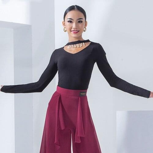 2021 Ballroom Dance Clothes Women Latin Tops V-neck Pearl Chain Long Sleeve Ballroom Practice Performance Wear Modern DNV14523