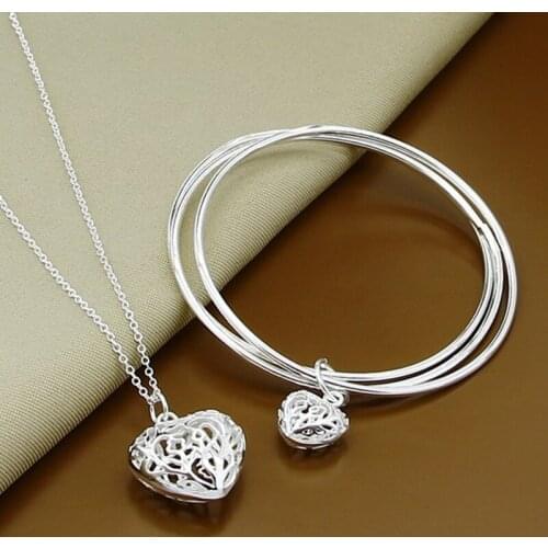New Design 925 Sterling Silver Jewelry Sets Fashion Hollow Heart Necklace Bangles Sets Top Quality