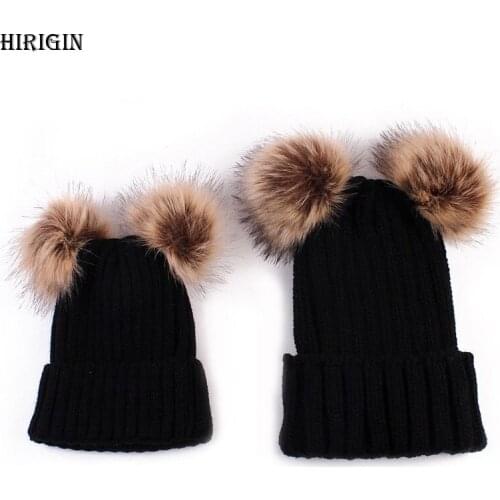 HIRIGIN Winter Warm Family Match Mom Newborn Baby Boy Girl Hats Solid Crochet Knit Hairball Beanie Cup Hat