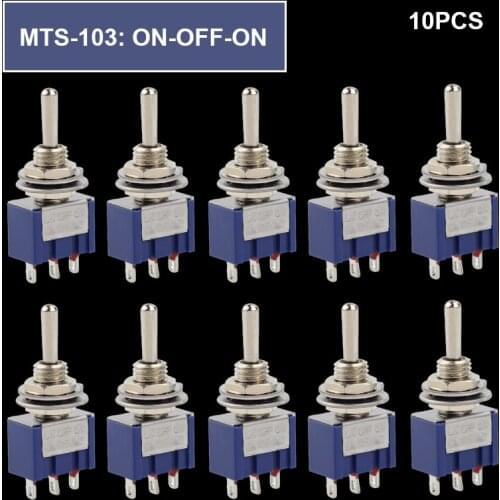 10Pcs ON-OFF-ON 3 Pin 3 Position Mini Latching Toggle Switch AC 125V/6A 250V/3A MTS-103 BULE S